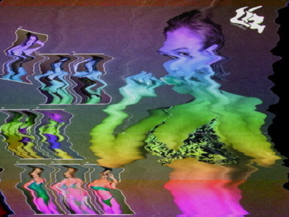 A 1984 swimwear catalogue cover through the scrambled channel. The model and the grid of swimsuit photos beside her are torn into wavy slabs, with her arms acid green, her face violet and her legs magenta.