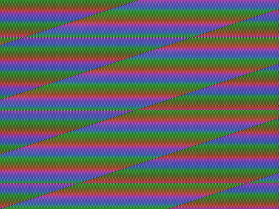 The video synth keyed against itself: hard bands of saturated colour