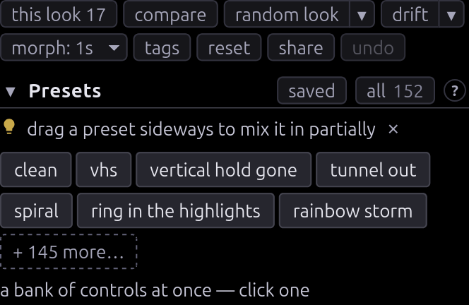 The head of the panel: a row of whole-board buttons (compare, random look and its ▾, drift, morph) over tags, reset and undo, then the Presets shortlist of chips and the dashed handle to the rest