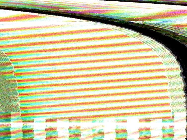 A curved band of raster sweeping across the frame, filled with fine horizontal red and cyan stripes over white, the geometry bending through a lens-shaped arc