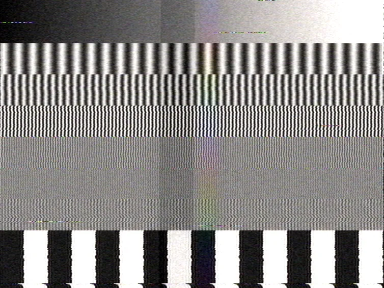 A multiburst test pattern through a VHS deck: the low-frequency gratings survive at full contrast, the middle ones fade, and the highest two bands are washed to flat grey