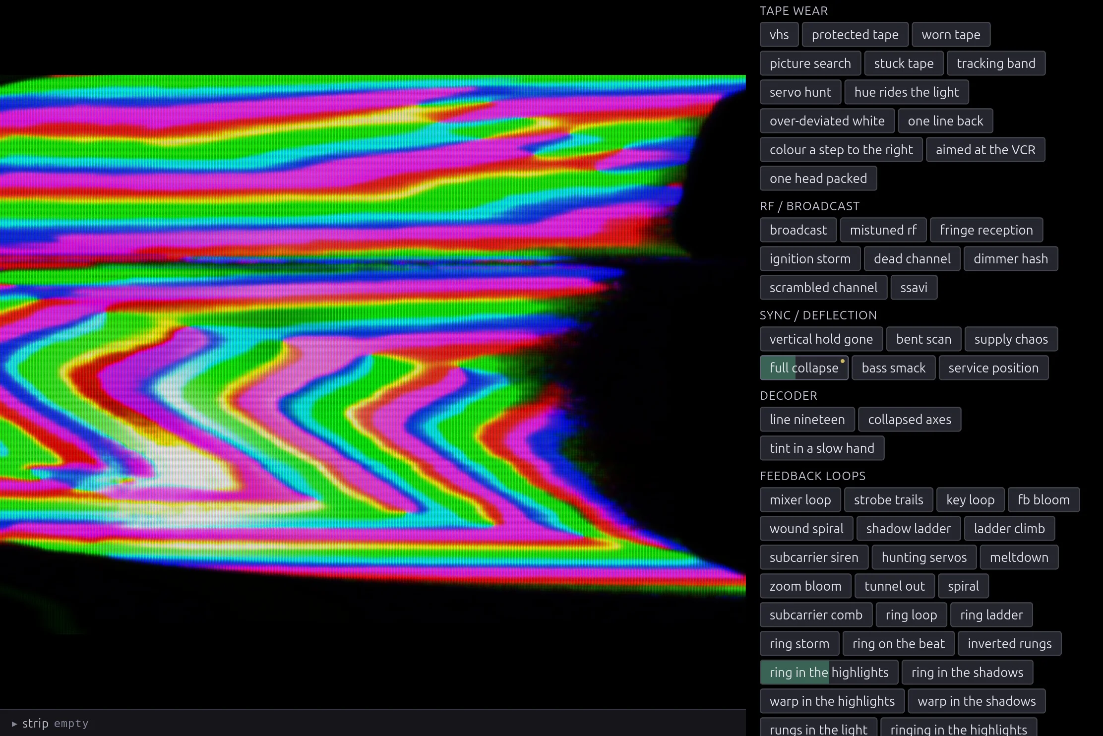 The window on Ridiculous rainbow — a white core with bands of red, green and blue pouring off it — with the preset catalog opened from its “+ more” chip and scrolled family by family, and five chips dragged part way in one after another with nothing wiped between them: ring in the highlights, then false colour, poured colour and chroma rails turn the frame into vivid wavy bands of red, green, cyan and magenta, and full collapse shears the whole thing sideways as the raster collapses